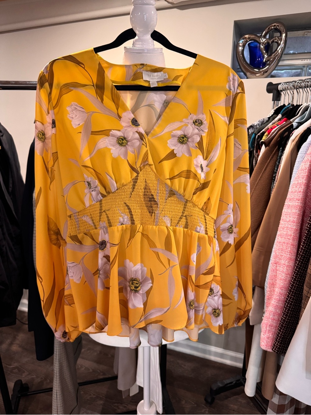 Ted Baker Yellow Floral V-Neck Peplum Blouse